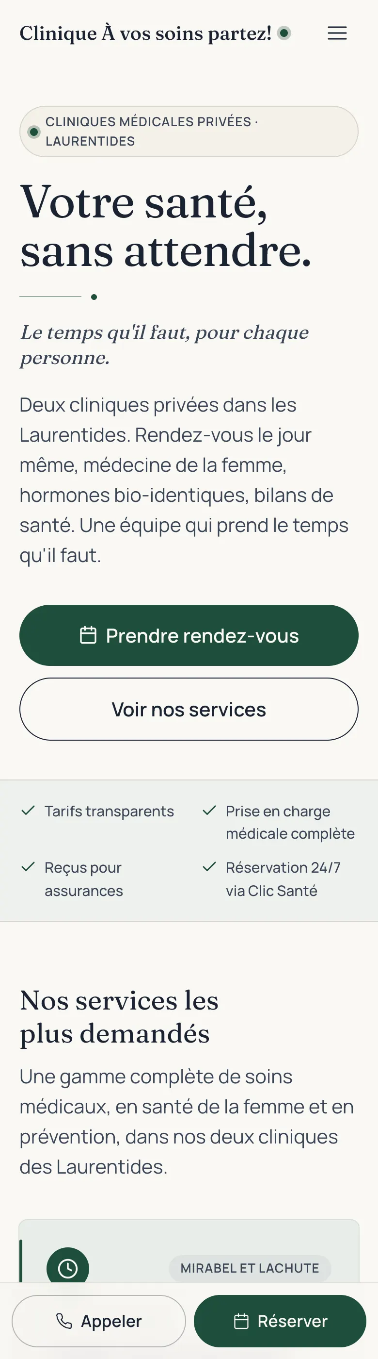 Nouveau site de la clinique sur mobile : hiérarchie claire, services structurés et prise de rendez-vous visible
