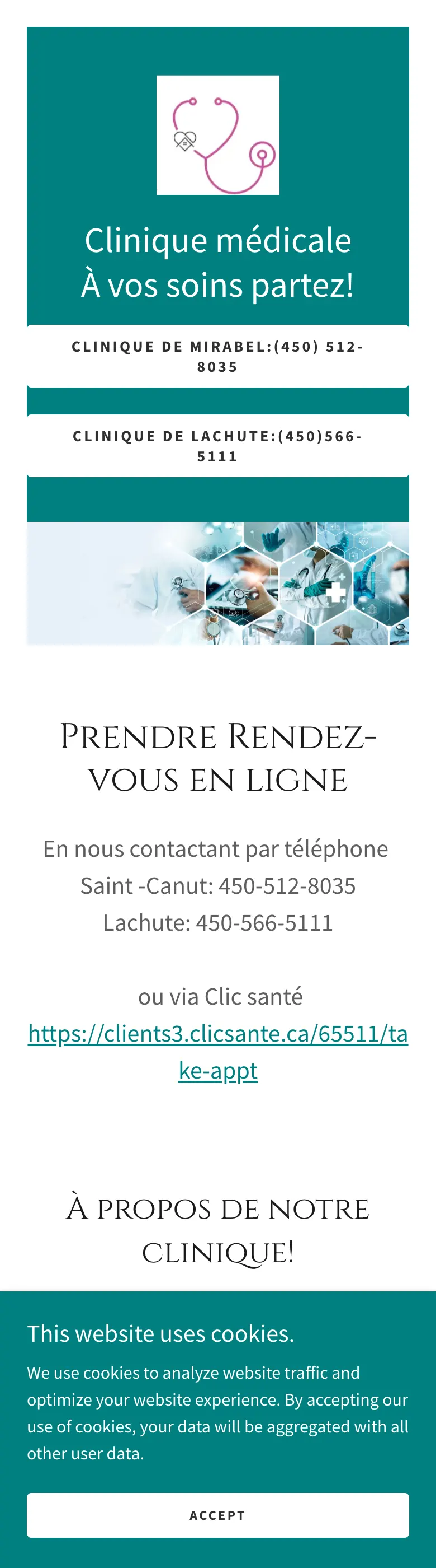 Ancien site de la clinique sur mobile : longue page unique au design daté